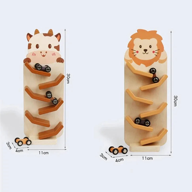 Jouet Voiture à Glissière en Bois, Animaux (Lion, Bœuf, Pingouin)