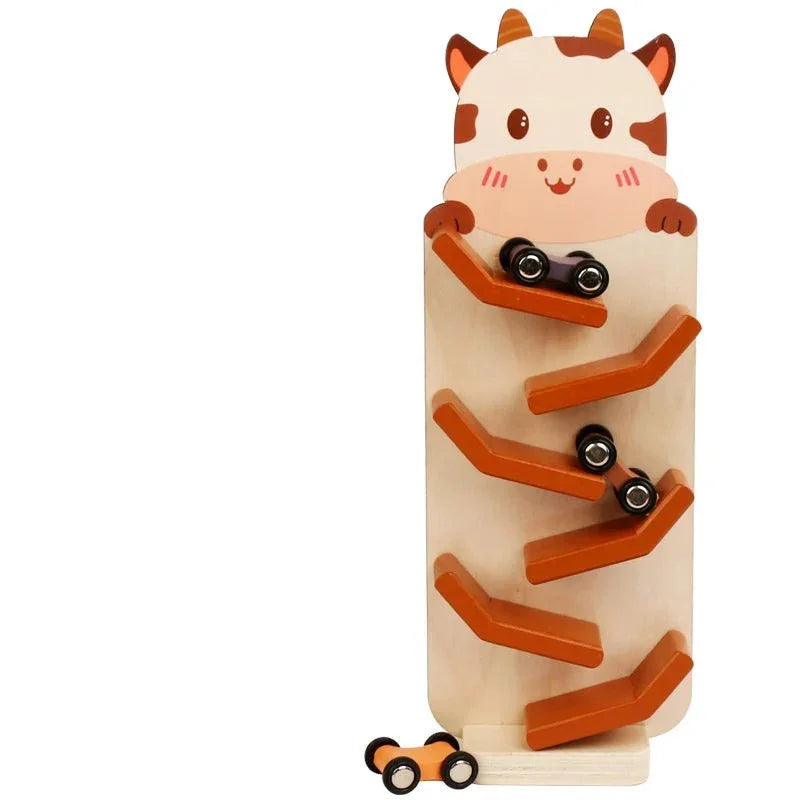 Jouet Voiture à Glissière en Bois, Animaux (Lion, Bœuf, Pingouin)